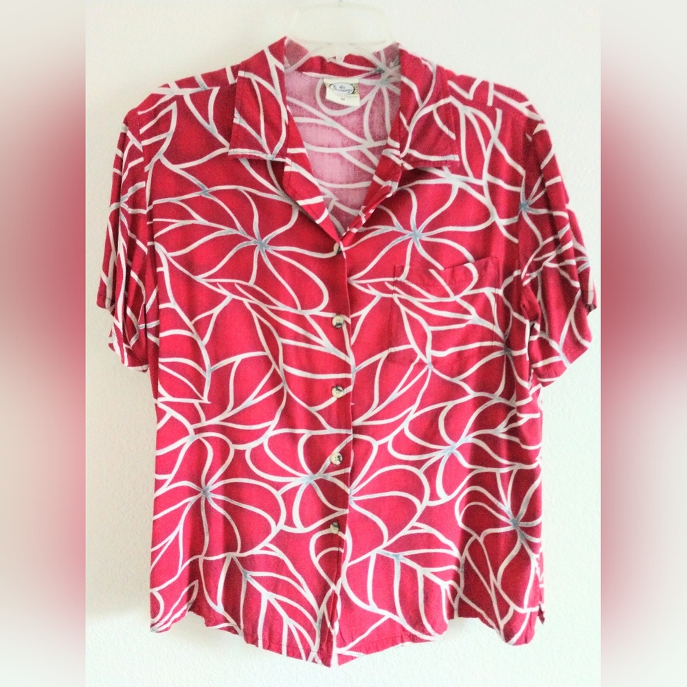 Go Barefoot Women's Hawaiian Shirt Red Grey Floral Leaf Print Medium Chest 38"